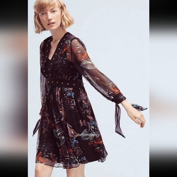 Anthropologie Maeve Black Green Nighttime Florals Sheer Dress US 8 - Picture 1 of 9